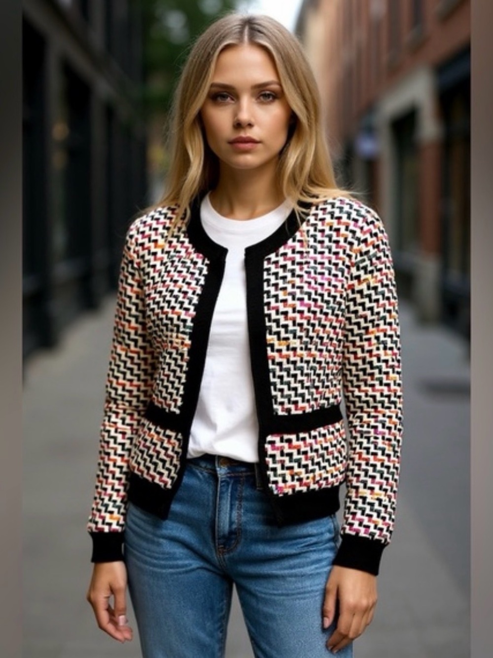 Diane Von Furstenberg Alberta Multi-Color Tweed Jacket with Black Trim
